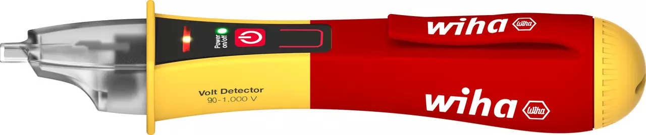 Red and yellow non-contact voltage detector with a clip and power button