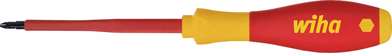 Red and yellow electric screwdriver with a soft grip handle.