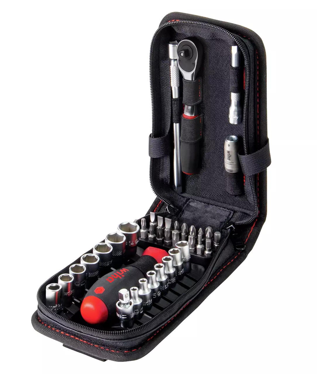 Black tool case with various sockets, bits, and a ratchet handle inside.