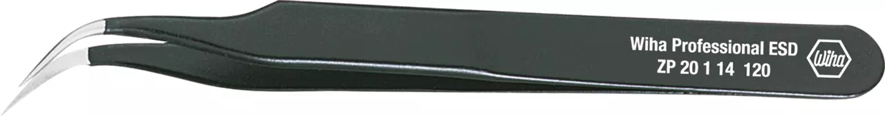 Black precision tweezers with curved tips, labeled "Wiha Professional ESD".