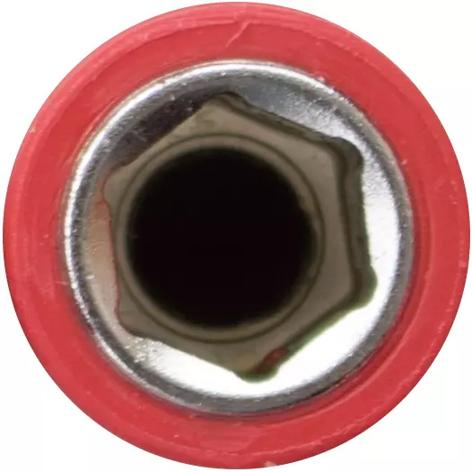 Insulated socket wrench insert, red and metallic, top view.