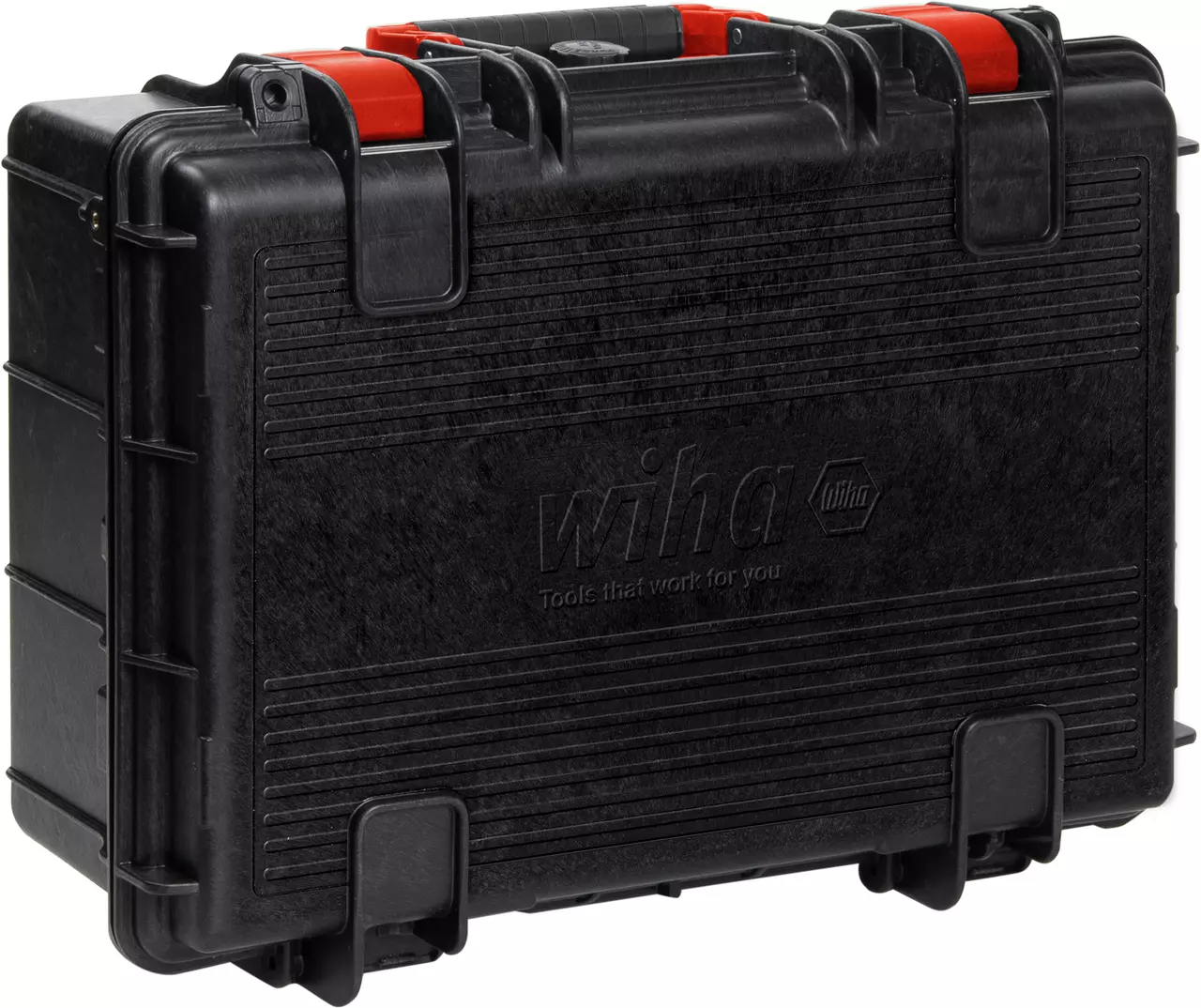 Black plastic tool case with red latches, closed and viewed from a side angle.