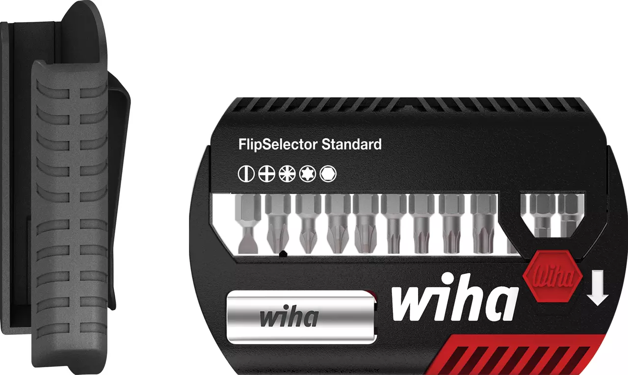 Black tool bit set with belt clip, labeled "FlipSelector Standard". Contains various screwdriver bits.