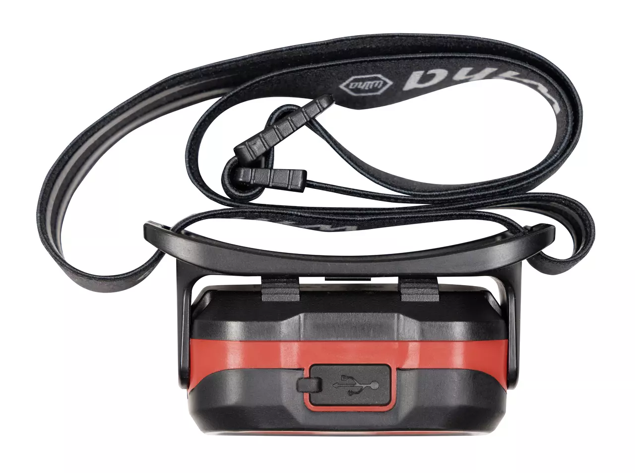 Black and red headlamp with adjustable strap and USB charging port.