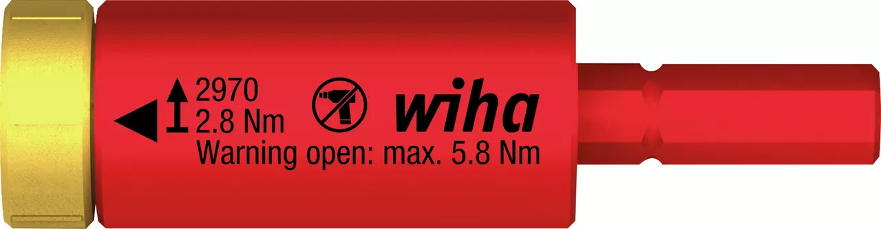 Red torque adapter with yellow cap, marked 2.8 Nm, max. 5.8 Nm, Wiha branding