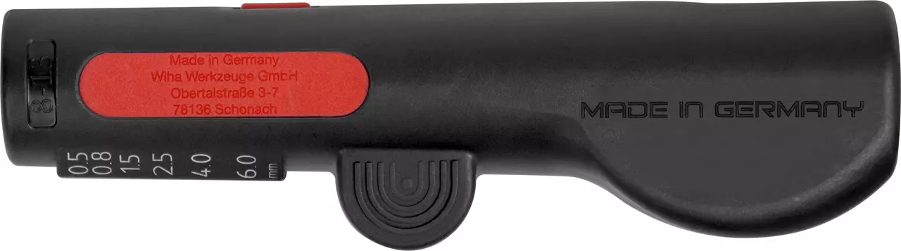 Multifunctional stripping tool, black with red details and measurement markings.