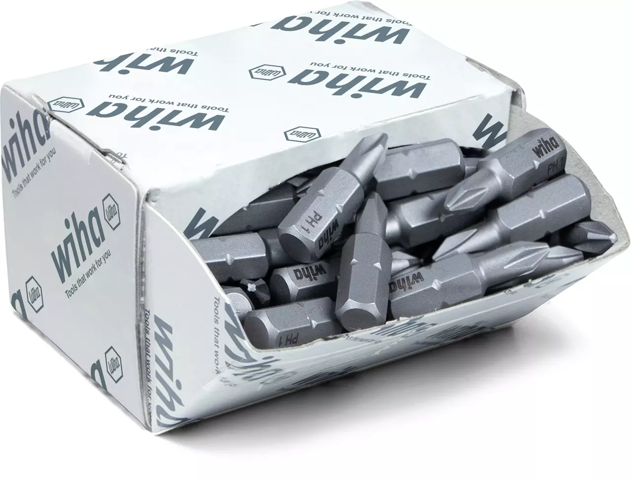 Open box of metal screwdriver bits labeled "Wiha".