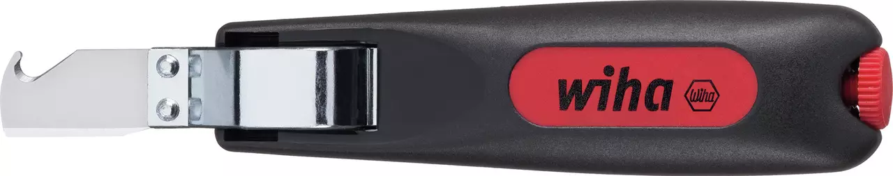 Cable stripping tool with black handle and red accent.