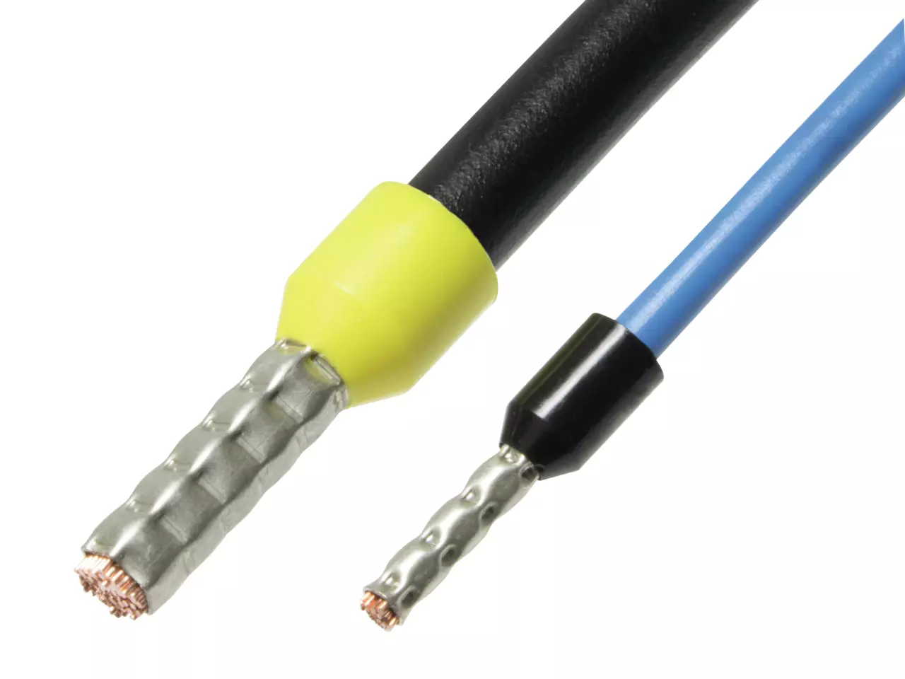 Two crimped wires, one black with a yellow sleeve, and one blue with a black sleeve.