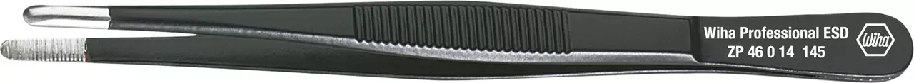 Black and silver universal tweezers with textured grip and printed text on handle.