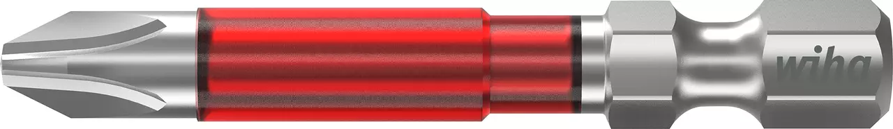 Red and silver Phillips screwdriver bit with brand marking.
