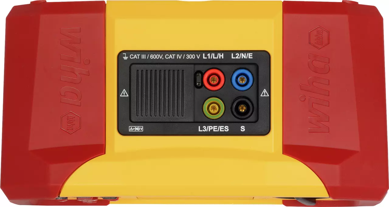 Installation tester with red and yellow casing, multiple input ports on top