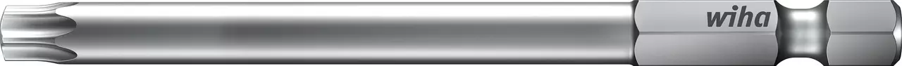 Silver metal screwdriver bit with hexagonal base and brand logo.