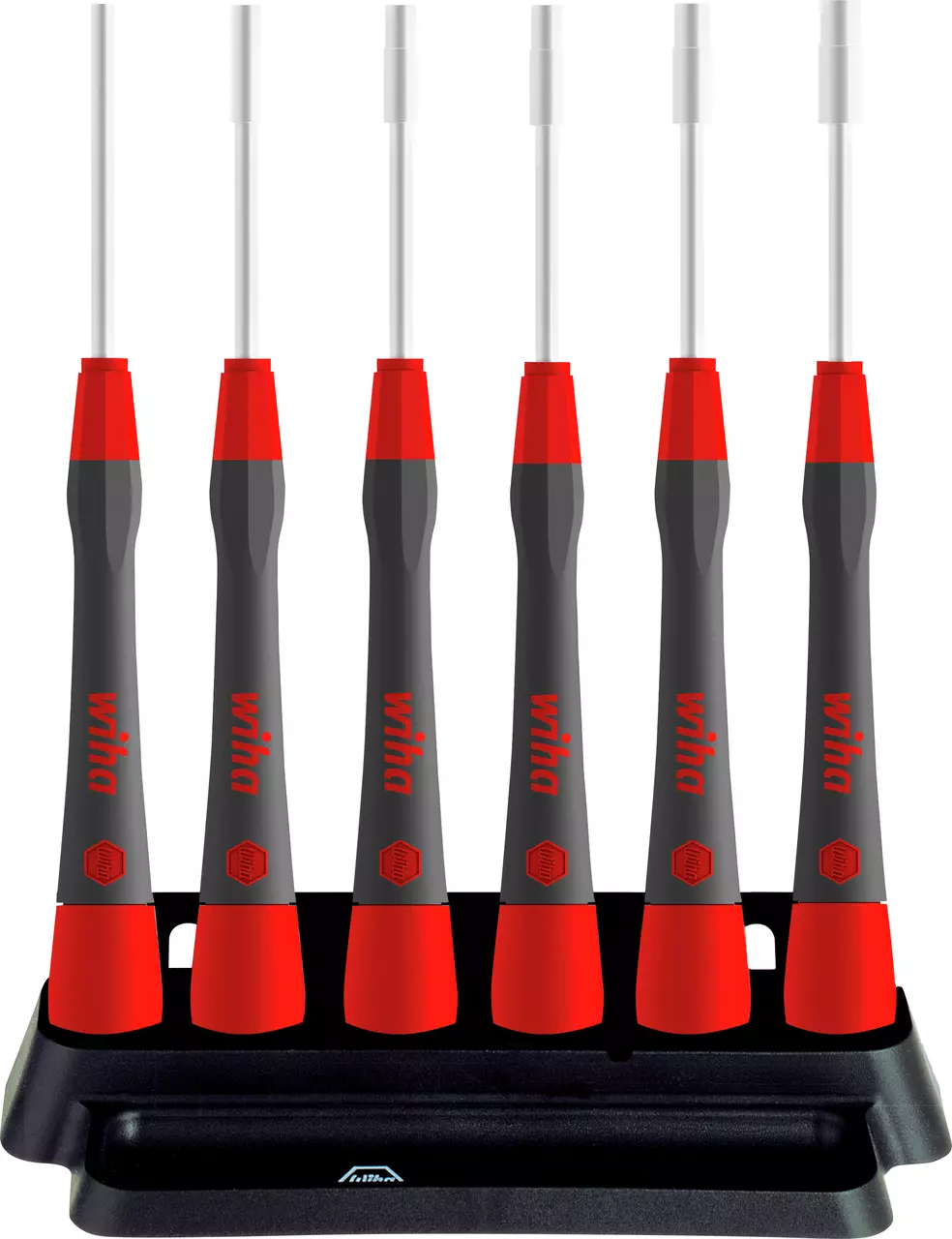 Set of six precision screwdrivers with red and black handles in a black holder.