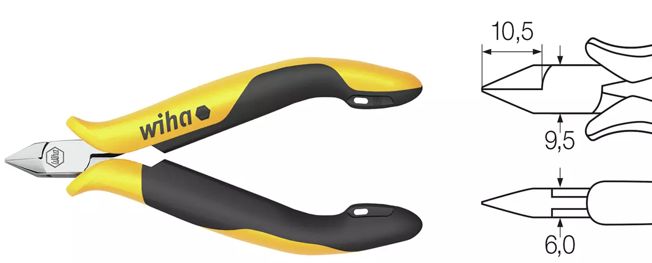 Yellow and black side cutter with ergonomic handles and technical drawing showing dimensions.