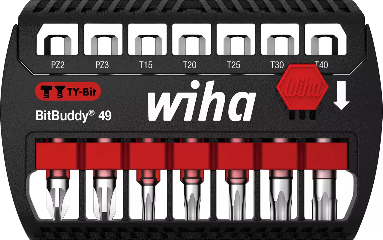 Black and red bit holder with various screwdriver bits labeled PZ2, PZ3, T15, T20, T25, T30, T40.