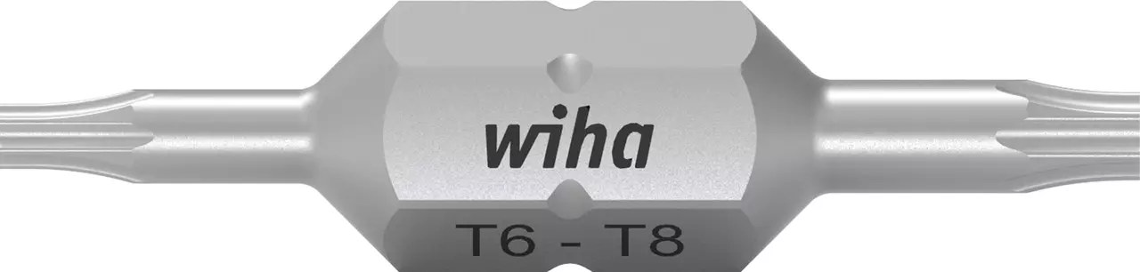 Double-ended Torx bit, silver, with sizes T6-T8 engraved