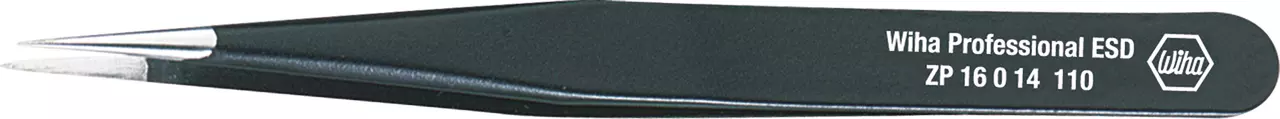 Black precision tweezers with pointed metal tips, labeled "Wiha Professional ESD ZP 16 0 14 110."