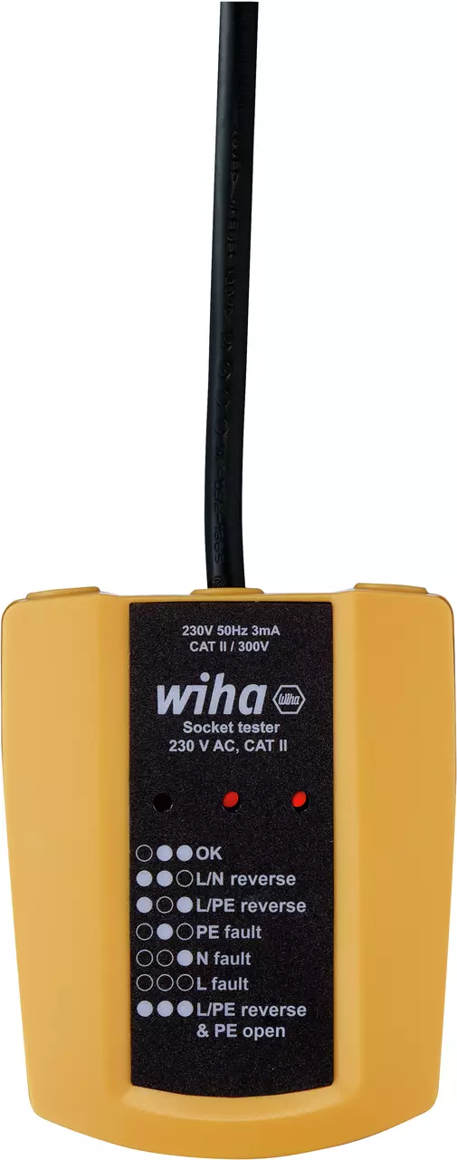 Yellow socket tester with black cable and indicator lights for testing electrical sockets.