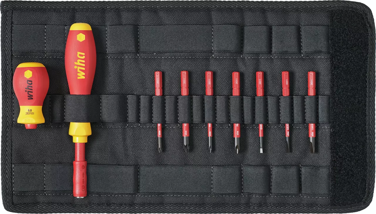 Set of red and yellow screwdrivers and bits in a black fabric holder.