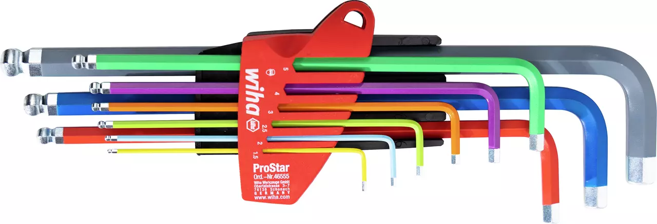 Set of colorful L-shaped hex keys in a red holder