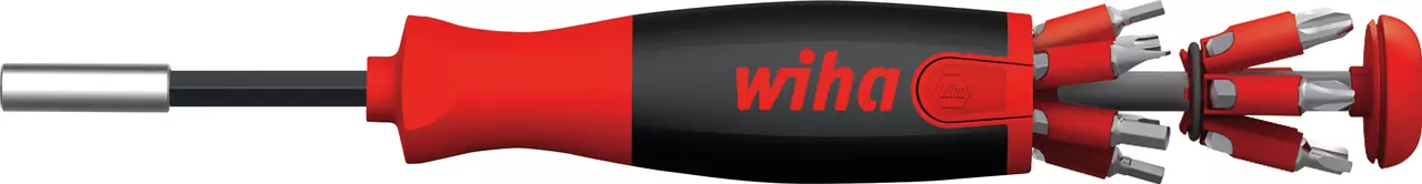 Red and black screwdriver with open bit holder displaying multiple bits.