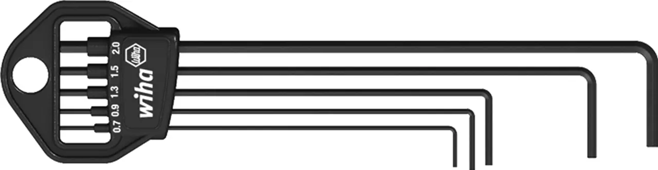 Set of black hex keys in a holder, labeled with sizes 0.7 to 2.0 mm.