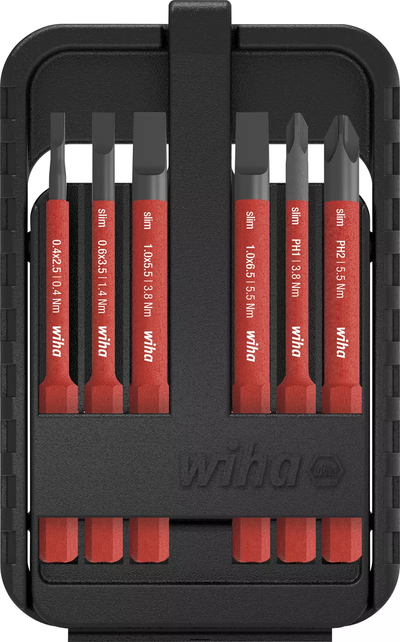 Black case with six red slim screwdriver bits inside.