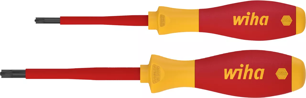 Two red and yellow electric screwdrivers with black tips, side by side.