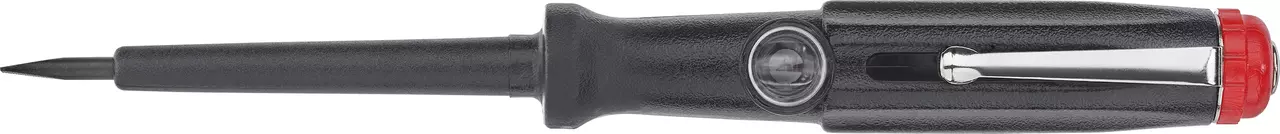 Black voltage tester with a red cap and metal clip