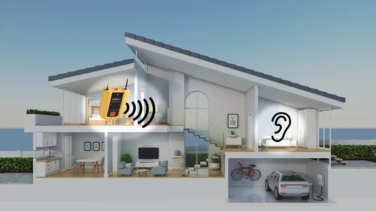 Cross-section of a house with a continuity tester emitting sound waves