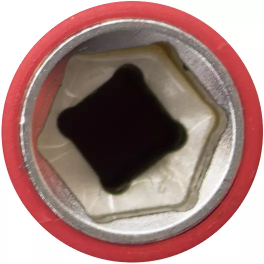 Insulated socket wrench attachment, red, close-up view.