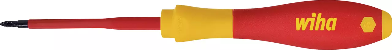 Red and yellow insulated electric screwdriver with a Phillips tip.
