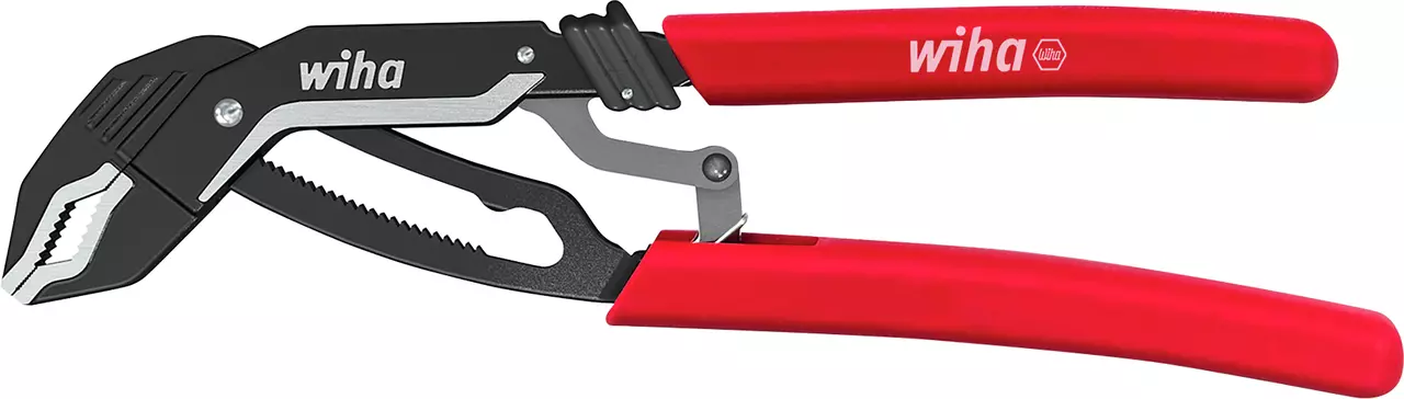 Red-handled water pump pliers with adjustable jaws.