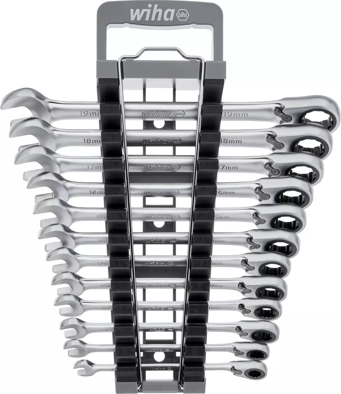 Set of silver reversible ratchet wrenches in a black holder
