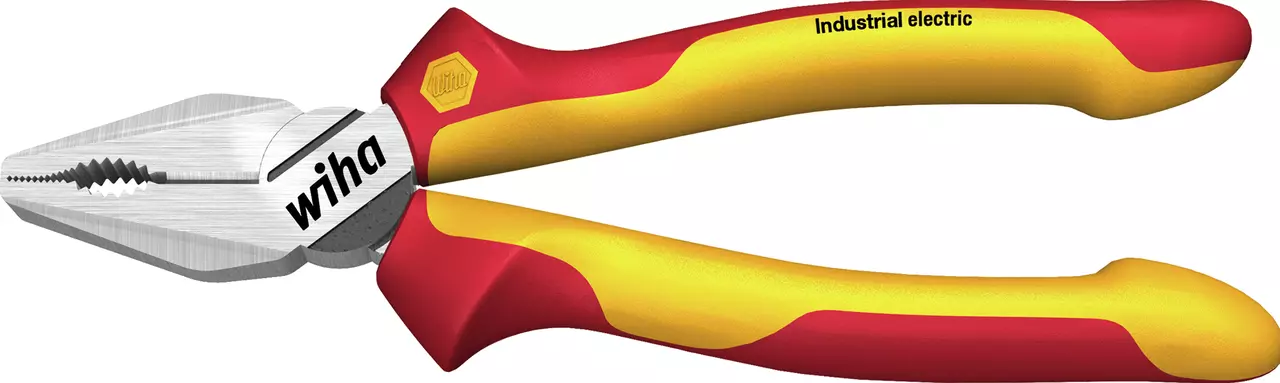 Red and yellow combination pliers with insulated handles.