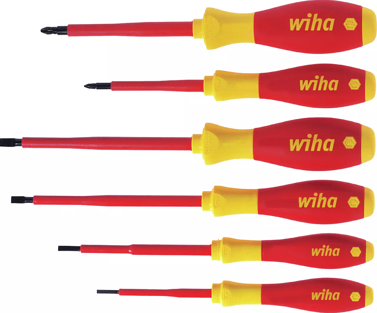 Set of six red and yellow electric screwdrivers with ergonomic handles