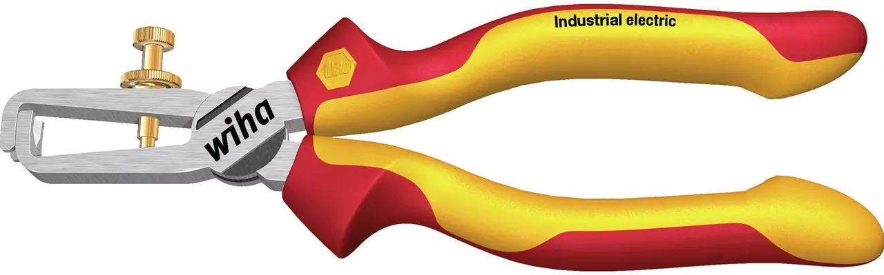 Red and yellow wire stripping pliers with a metal adjustment screw.