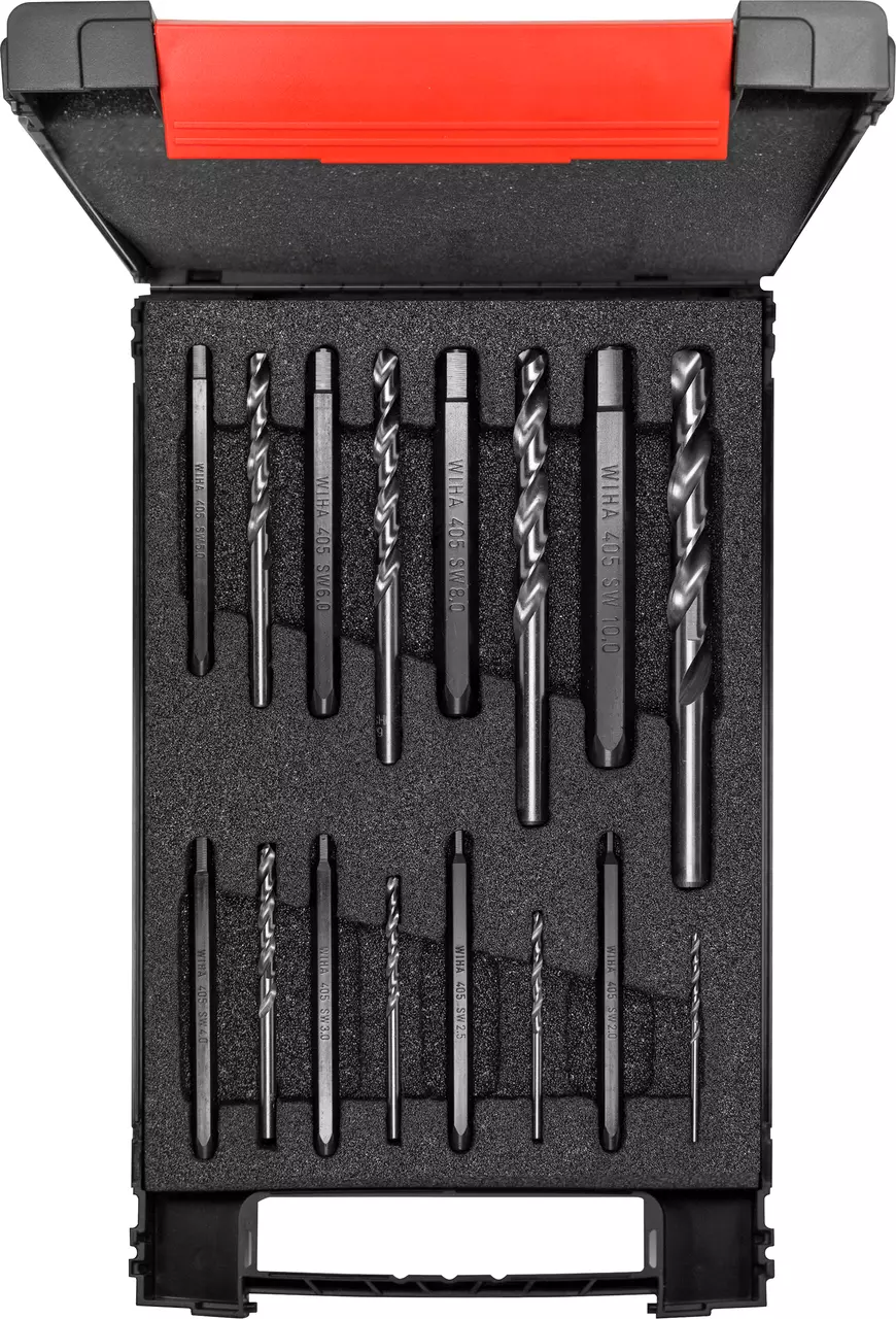 Screw extractor set in an open black box with red accents