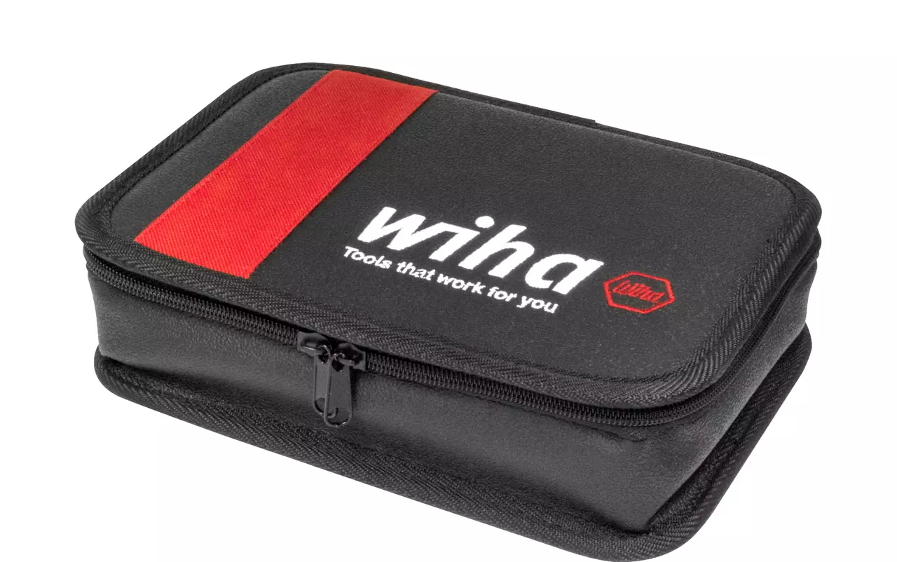 Black tool case with red stripe and zipper.