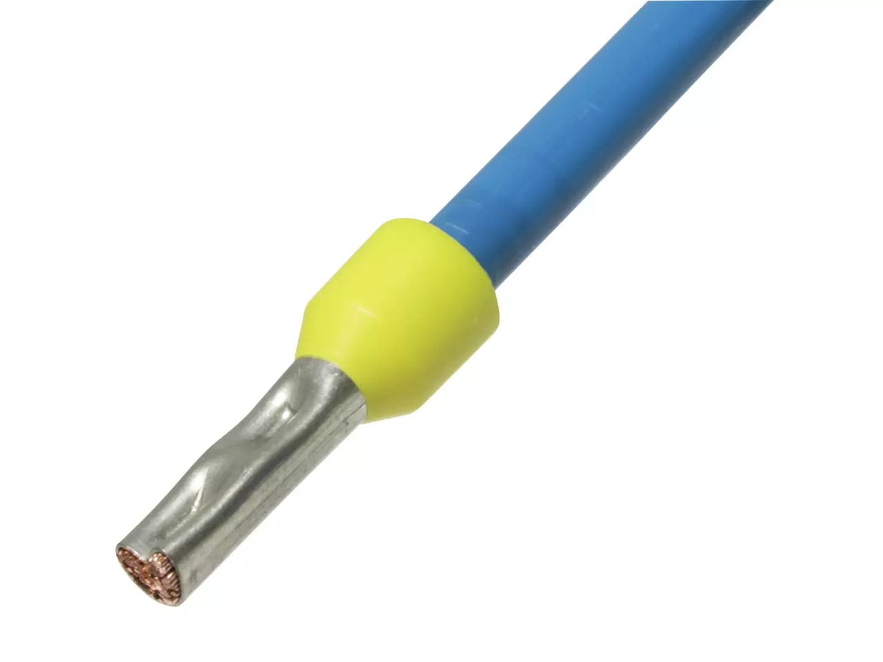Blue insulated wire with yellow crimp terminal and exposed copper end.