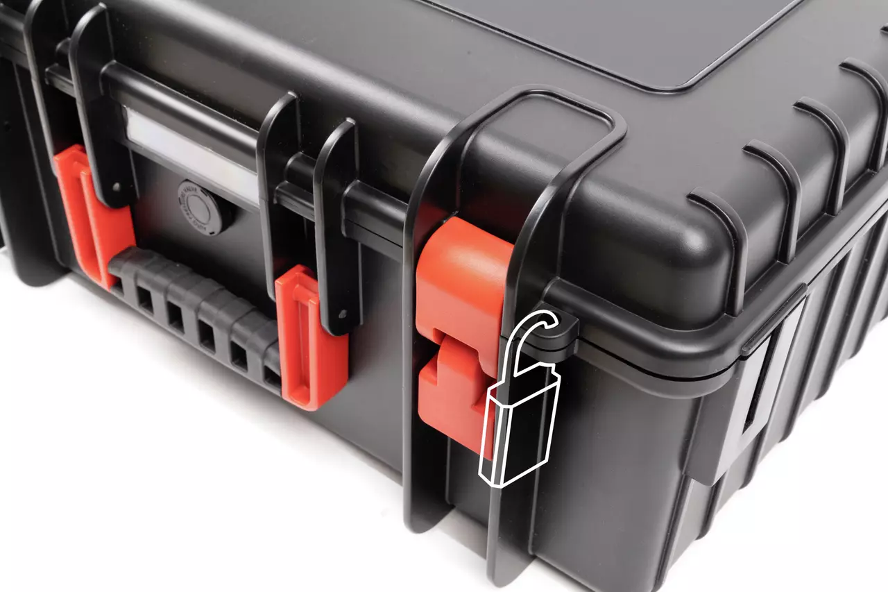 Black hard case with red latches and an open lock symbol on the side.