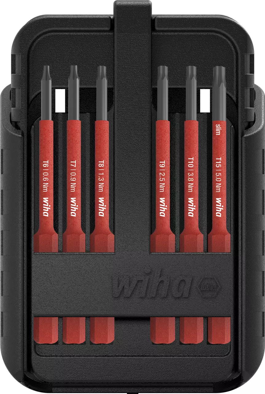 Set of six red and black screwdriver bits in a black case.