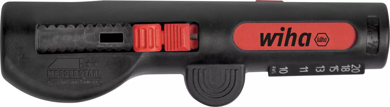 Multifunctional stripping tool with black and red accents.