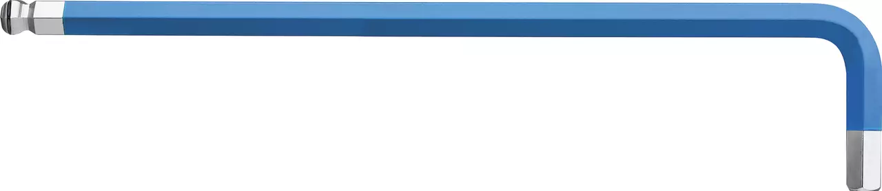 Blue L-shaped hex key on white background.