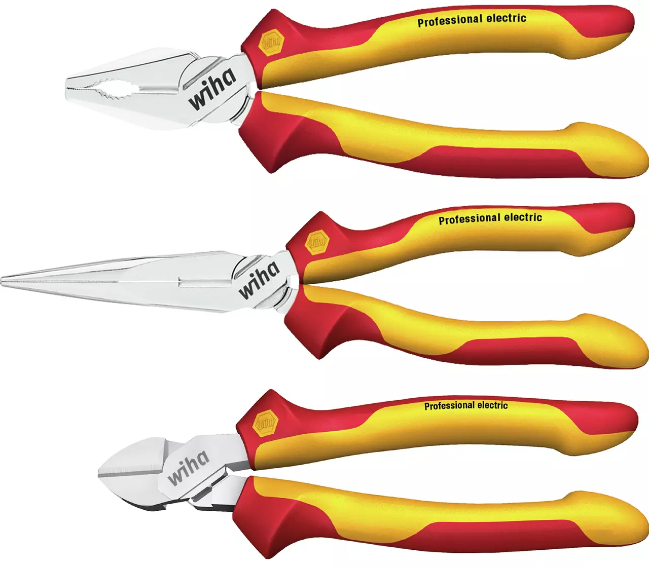 Three red and yellow insulated pliers with "Professional electric" on the handles.