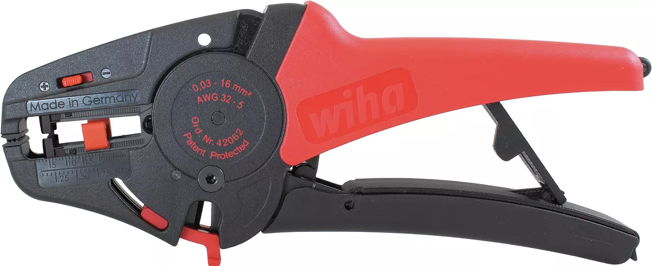Automatic wire stripper with red handle and black body