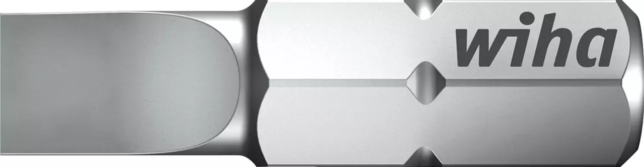Slotted screwdriver bit, silver, with a flat tip and "wiha" logo on the side.