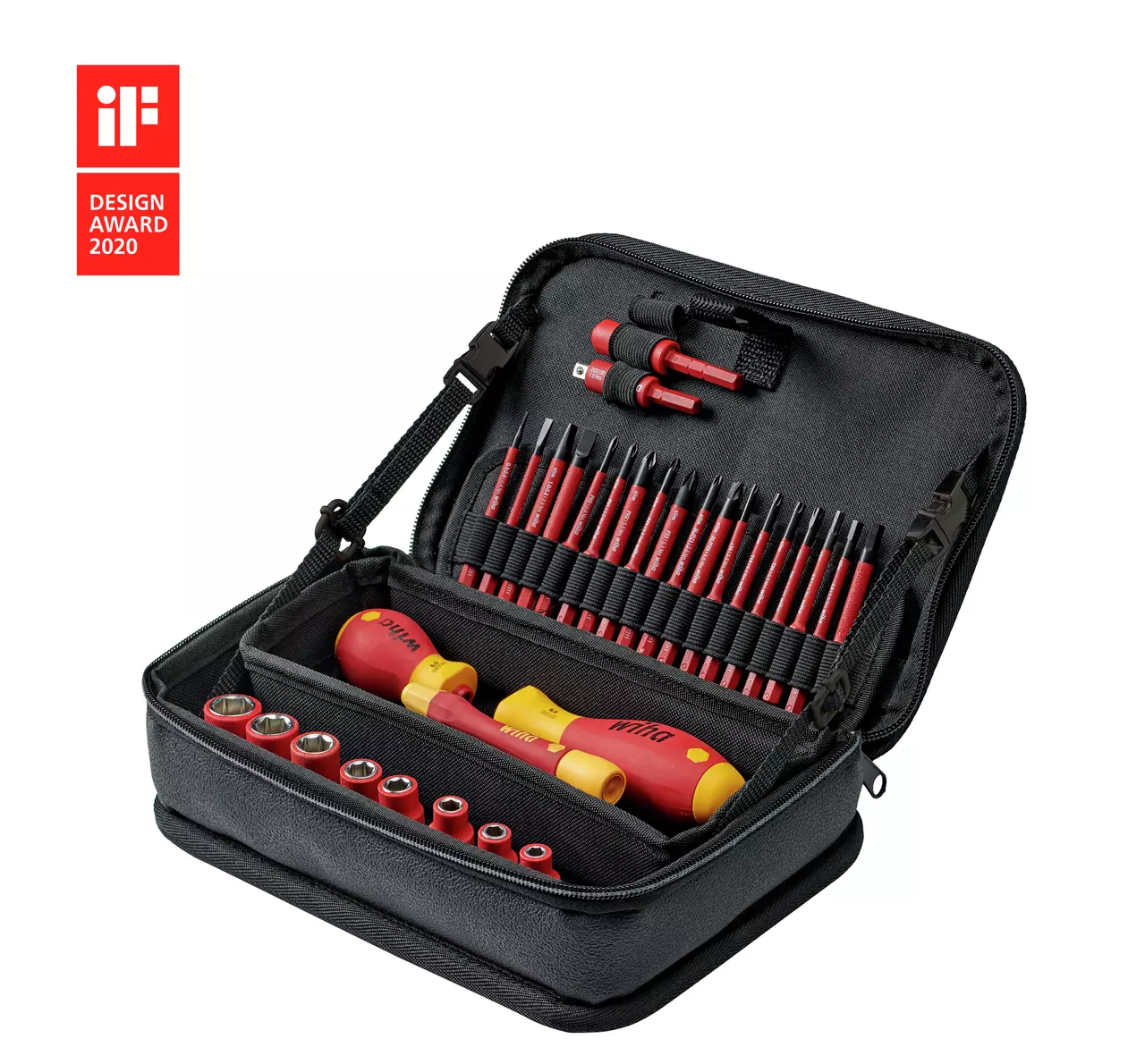 Tool set with red and yellow handles in a black case, featuring various screwdriver bits and sockets.