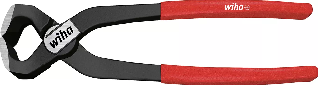 Red-handled nippers with black metal jaws and a logo on the side.